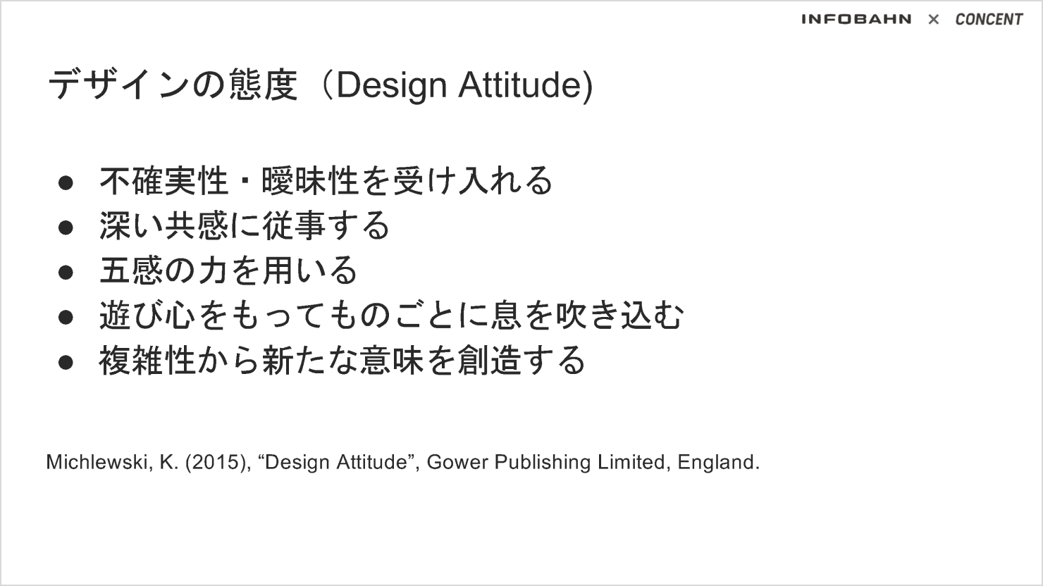 「デザインの態度（Design Attitude）の資料。次の5つのポイントが示されている。「不確実性・曖昧性を受け入れる」「深い共感に従事する」「五感の力を用いる」「遊び心をもってものごとに息を吹き込む」「複雑性から新たな意味を創造する」。