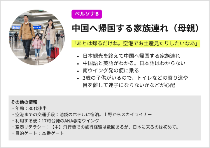 ペルソナシートB：「あとは帰るだけね。空港でお土産見たりしたいなあ」日本観光を終えて中国へ帰国する家族連れ。中国語と英語がわかる。日本語はわからない。南ウイング発の便に乗る。3歳の子供がいるので、トイレなどの寄り道や目を離して迷子にならないかなどが心配。以下はその他の情報。年齢：30代後半。空港までの交通手段：池袋のホテルに宿泊。上野からスカイライナー。利用する便：17時台発のANA@南ウイング。空港リテラシー：【中】飛行機での旅行経験は数回あるが、日本に来るのは初めて。目的ゲート：25番ゲート。